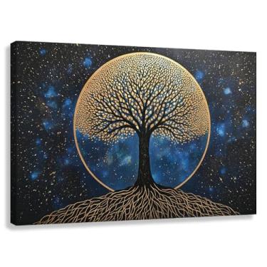 Imagem de Árvore da Vida Arte de Parede Árvore Dourada Impressão em Tela Árvore da Vida Decoração Céu Estrelado Imagens Azul Escuro Sala de Estar 60x40cmx1