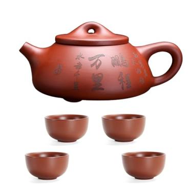 Imagem de Conjunto de xícara de chá Zisha, bule de chá de argila roxa Yixing chinês de 170 g com 4 xícaras de chá de argila, infusor de Kung Fu com caracteres chineses esculpidos à mão, chaleira para infusor de