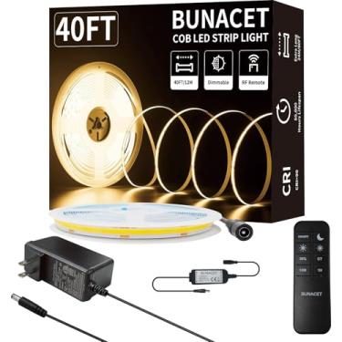 Imagem de BUNACET Fita de luz LED COB 12 m (1 rolo) branco quente 3000 K alto lúmen CRI 90+ com adaptador de alimentação certificado UL controle remoto RF para quarto balcão sob armário projetos de cozinha