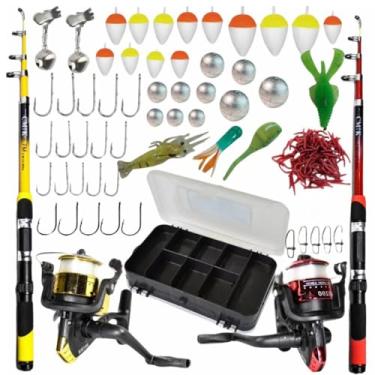 Imagem de Kit de Pesca Completo, 2 Varas, 2 Molinetes com Linha, Estojo, Iscas Artificiais, Anzóis, Chumbadas e Boias