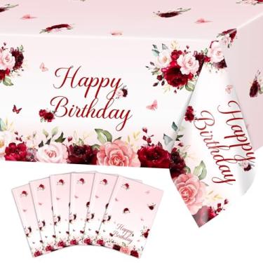 Imagem de Avezano 6 peças de toalhas de mesa de aniversário bordô 274 x 137 cm, vermelho, rosa, floral, decorações de festa de aniversário, bordô, rosa, descartáveis, para mulheres e meninas