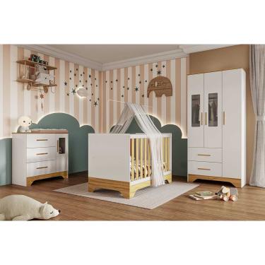 Imagem de Quarto Infantil Completo Popy 3 Peças (1GuardaRoupa+1Berço+1Cômoda) QI111 Branco/Amendoa - Peroba