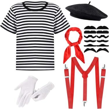 Imagem de 6 peças para homens e mulheres, fantasia de mímica francesa, listras, preto, branco, boina, cachecol, suspensórios, luvas de barba, para Halloween, carnaval, Multicor, GG