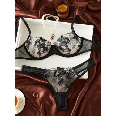 Imagem de Conjunto De Sutiã Com Armação Sexy Preto Elegante, Roupa Íntima Femini