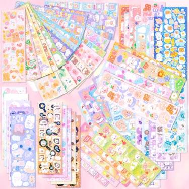 Imagem de YALOJE 60 folhas de adesivos decorativos fofos, adesivos coloridos Kpop para photocard, adesivos coreanos autoadesivos com estampa de bolo de flor de urso de coelho para artesanato DIY artes cartões