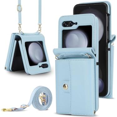 Imagem de Capa de couro com alça de pulso crossbody com suporte de cartão para Samsung Galaxy Z Flip 6 5 4 3 Flip6 Flip5 Flip4 Flip3 Capa carteira, azul, para Galaxy Z Flip3
