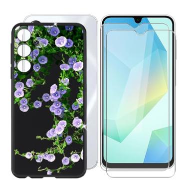 Imagem de Capa para Samsung Galaxy A16 (6,7 polegadas) + protetor de tela (pacote com 2), capa de silicone ultrafina à prova de choque capa protetora antiarranhões + vidro temperado - flores roxas