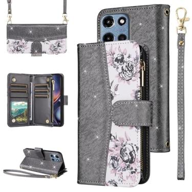 Imagem de Furiet Capa carteira floral para Motorola Moto G 5G 2025 com alça de pulso/ombro, suporte de cartão de couro PU com glitter de luxo acessórios para celular G5G 5 G G5 feminino preto