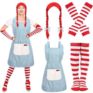 Imagem de Fantasia de menina Fast Food, peruca trançada vermelha, avental listrado azul e branco, luvas listradas vermelhas e brancas, meias para mulheres, roupa de cosplay de Halloween
