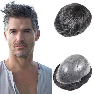 Imagem de Lavishairs Peruca masculina de poliuretano completo de cabelo humano peruca masculina prótese capilar unidade de substituição 1B/1B20/1B40/1B60/1B80 cor 15 cm comprimento 0,08-0,10 mm base de