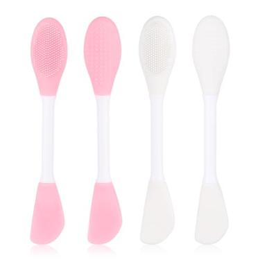Imagem de 4 aplicadores de máscara facial de silicone, pincel de dupla extremidade, pincéis de limpeza facial com cerdas para lama facial, creme para a pele, loção, gel, base cosmética
