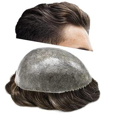 Imagem de Toupee para homens peruca totalmente injetada sistema de cabelo de pele de poliéster substituição durável PU unidade de cabelo peruca masculina para homens (#310 marrom escuro + 10% cinza - 120% médio