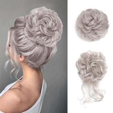 Imagem de MSCHARM 2 peças de cabelo cinza e bagunçado para mulheres, peças de cabelo sintético ondulado cacheado para mulheres, updos, pãezinhos de cabelo, extensão de rabo de cavalo #4503, cinza linho
