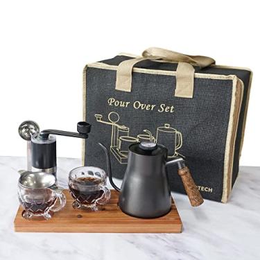 Imagem de SOTECH Conjunto de máquina de café para derramar, conjunto de chá chinês, bandeja de armazenamento de madeira, gotejador de café, servidor de vidro, colher de café, kit manual de despejar por cima