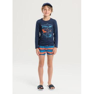 Imagem de Conjunto Praia Infantil Menino Marinho Camiseta Manga Longa e Sunga Tu