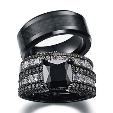 Imagem de Conjunto de alianças de casamento para casal, conjunto de aliança de casamento de carboneto de tungstênio masculino CZ quadrado preenchido com ouro preto para ele e para ela