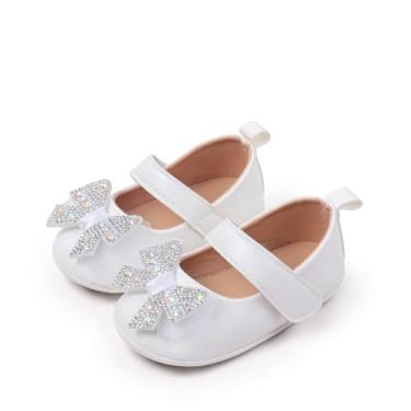Imagem de Bellocasa Baby Mary Jane Sapatilhas para meninas com laço de algodão sola antiderrapante primeiro andador vestido princesa berço sapatos de casamento, W5122 Branco, 12-18 Months Toddler
