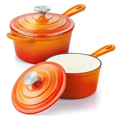 Imagem de Panela de molho de ferro fundido esmaltado, conjunto de panela Leonyo de 1 litro e 2 Qt, forno holandês de ferro fundido, panelas pequenas para todos os cooktops, cozinhar macarrão, leite, aveia - até