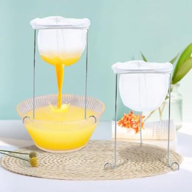 Imagem de Suporte de coador de geleia com 4 sacos de filtro reutilizáveis, suporte de filtro de aço inoxidável com sacos de coador de substituição, para sucos de leite de noz, caldo de iogurte e queijo ricota