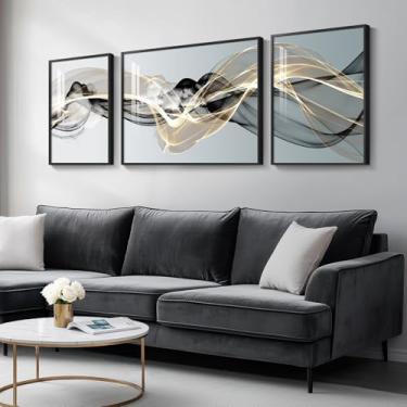 Imagem de Arte de parede abstrata de luxo moderna emoldurada grande para sala de estar, 3 peças de pinturas minimalistas para paredes, preto branco ouro abstrato linhas imagens para corredor, jantar, quarto