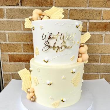 Imagem de What will baby bee cake topper? Decoração de bolo de chá de bebê com tema de abelha dourada acrílica para decoração de revelação de gênero, mel, abelha, menino ou menina, anúncio de bebê, decoração de