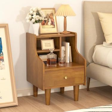 Imagem de Mesa de cabeceira de madeira maciça, mesa de cabeceira de madeira de nogueira com prateleiras abertas, suporte de cabeceira moderno de meados do século com gaveta, mesa ao lado para quarto