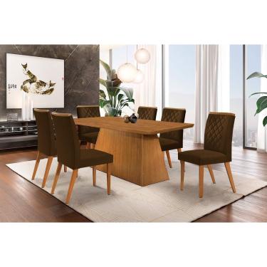 Imagem de Sala de Jantar Completa Luna c/ Tampo Madeirado Canto Curvo 180x90cm e 6 cadeiras Jade Imbuia-Capuccino/Suede Marrom - Rufato