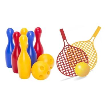 Imagem de 10X Jogo De Boliche Infantil 2 Bolas 16Cm + 2 Raquetes Praia