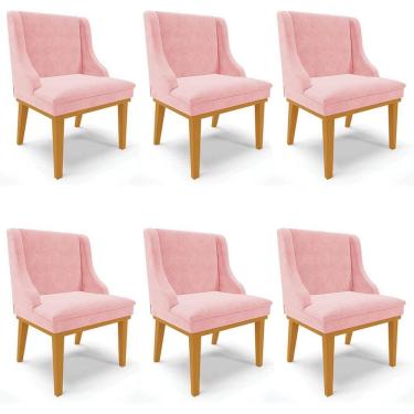Imagem de Kit 6 Cadeiras Estofadas para Sala de Jantar Base Fixa de Madeira Castanho Lia Suede Rosa bebê - Ibiza