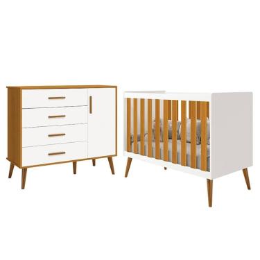 Imagem de Jogo de Quarto Infantil Isis Cômoda 1 Porta e Berço Branco/Savana - Reller Móveis