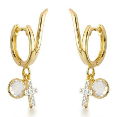 Imagem de Argolas de Banhadas a Ouro 18k com Detalhe de Cruz em Zircônia  Brilho