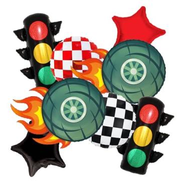 Imagem de Race Car Birthday Party Decorations - 8 Pcs Wheels & Traffic Light Balloons for Cars Birthday Party Decorations/Racing Tire Checkered Balloons for Race Car Themed Fast One Two Fast Party Supplies