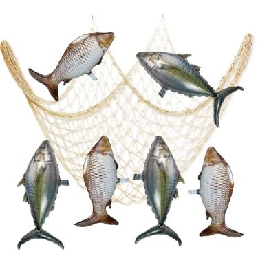 Imagem de 7pc Fish Balloon Set with Fishing Net, 3 Carp & 3 Tuna Foil Balloons for Fishing Birthday Party Decorations, Gone Fishing Baby Shower, Ofishally One Retirement, Sea Animal Balloons Net Decor