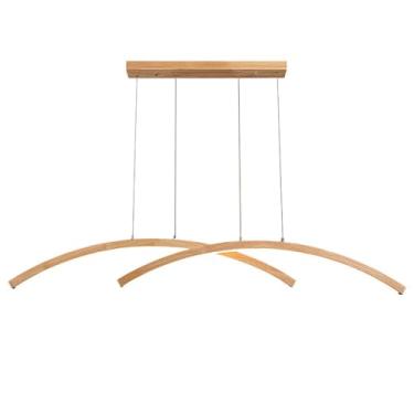 Imagem de Luminária pendente linear de madeira de 47,2" com LED, regulável, para teto, lustre em arco com controle remoto, iluminação de ilha de cozinha de madeira, bar, mesa de jantar, lustres suspen