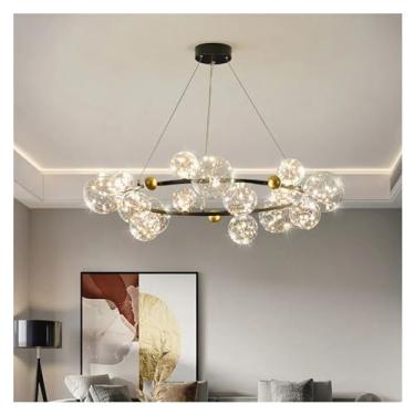 Imagem de Lustre de bola de vidro LED Anel dourado Sala de estar Jantar Pingente Decoração para casa Iluminação interna Lustre Luminária