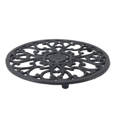 Imagem de Trivet de ferro fundido Cffuvros, design redondo esculpido com padrão vintage, tapete de trivet de metal para panelas e frigideiras quentes, suporte de proteção resistente ao