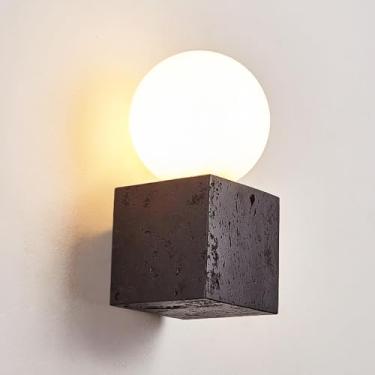 Imagem de Luminária de parede de pedra buraco negro vintage, luminária de parede de pedra de arte retrô interna com abajur de vidro branco leitoso, formato quadrado G9, luminária de parede para decora