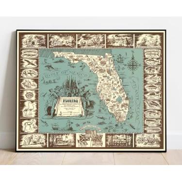 Imagem de Mapa histórico: Carta pictórica da Flórida romântica representando sua vida selvagem exótica; seus esplendores tropicais de terra e mar, 1951, David D.C. Mink, arte de parede vintage: 61 cm x 50 cm
