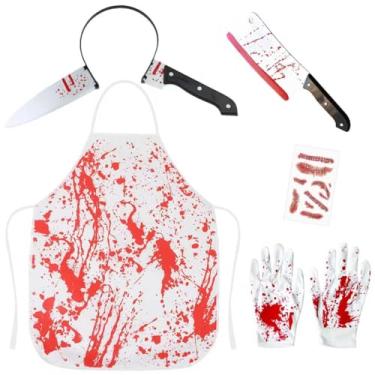 Imagem de Halloween Bloody Butcher Costume Set Halloween Chef Bloody Apron Gloves Knife Headband Tattoo Sticker Fake Knife Prop Cosplay Fancy Party Costume