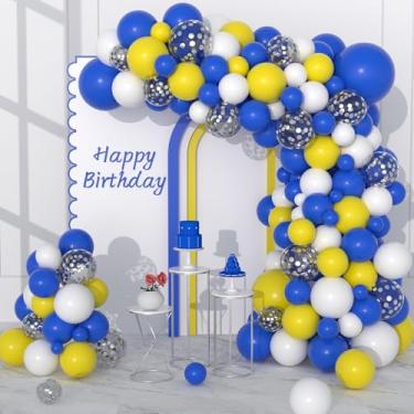 Imagem de Kit de arco de guirlanda de balão branco amarelo azul - 116 peças balões de látex confetes de prata, 16 pés faixa de balão arco para aniversário chá de bebê chá de bebê casamento noivado aniversário aniversário festa de aniversário decoração de piquenique