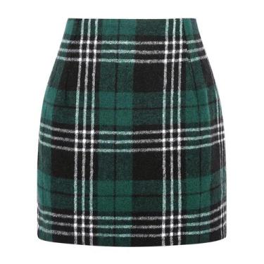 Imagem de Saia Kinghua Green 01 Tartan de lã xadrez de cintura alta feminina