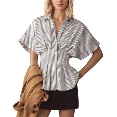 Imagem de Camisa feminina Soamat listrada com botões e manga curta branca