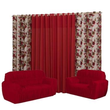 Imagem de Kit Cortina Floratta Estampada 3 Metros + Capa De Sofá 3x2 Elasticada 