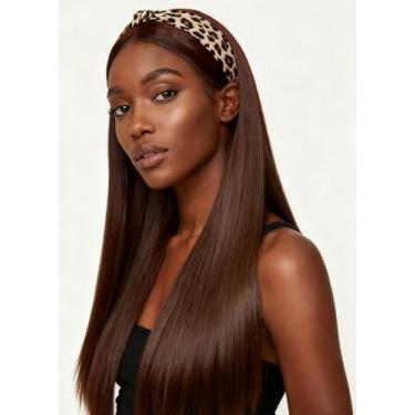 Imagem de Emistar Yaki Peruca reta para mulheres negras sintéticas macias como cabelo humano use and go sem cola, meia peruca preta natural com faixa de cabeça anexada (marrom chocolate, 45,7 cm)