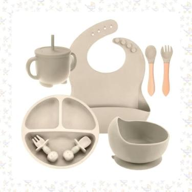 Imagem de Kit Introdução Alimentar Bebe 8 Peças Antiderrapante BPA Free Prato Dividido Talheres Copo e Babador Infantil Seguro Resistente e Fácil de Limpar (Cinza)
