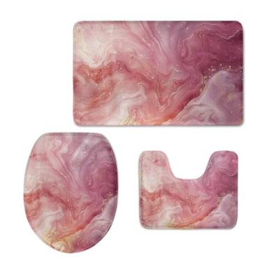 Imagem de Flashideas Conjunto de tapete de banheiro com estampa de mármore rosa + tapete de contorno + capa de assento de vaso sanitário antiderrapante e super absorvente, lavável na máquina, tapete de banho
