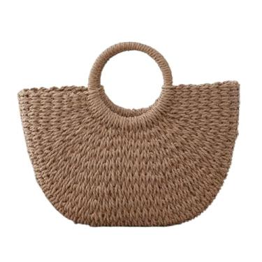 Imagem de Bolsa De Praia Feminina De MãO Argola AlçA RetiráVel Bolsa Palha Grande Meia Lua Forro De Tecido Fecho Com CordãO,Bolsa De Palha Feminina,Moda(40X8X28,Caqui Escuro)