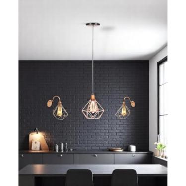 Imagem de Luminária Lustre Aramado Conjunto Kit 1 Pendente Diamante + 2 Arandelas de Parede Retrô Área Gourmet (ROSE GOLD FIO PRETO)