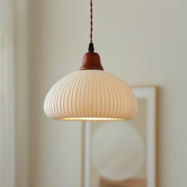 Imagem de Luzes pendentes de fazenda de vidro de leite branco ilha de cozinha lustre moderno de meados do século vintage madeira com nervuras cilindro de vidro cúpula lâmpada suspensa de teto para qua