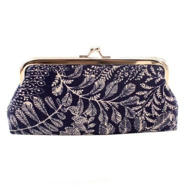 Imagem de Bolsa longa com fecho de beijo, bolsa clássica, porta-cartões, de lona, elegante, bolsa de armazenamento de folhas e moedas, carteira, Azul escuro, Bolsa para moedas